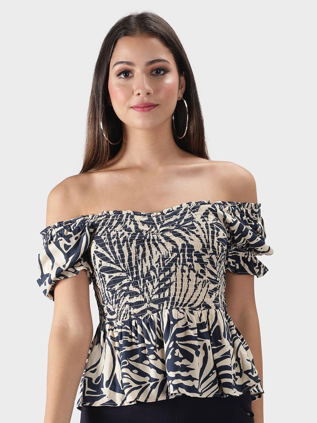 debonatella women navy blue printed off-shoulder crepe bardot top