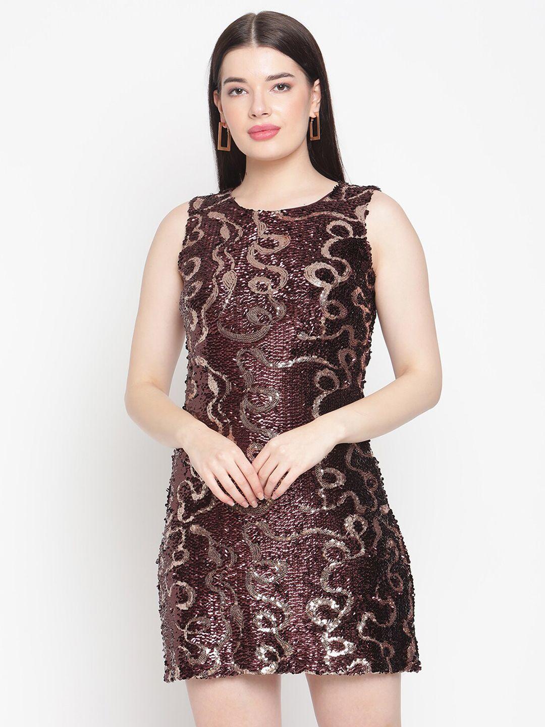 amagyaa brown embellished net sheath mini dress