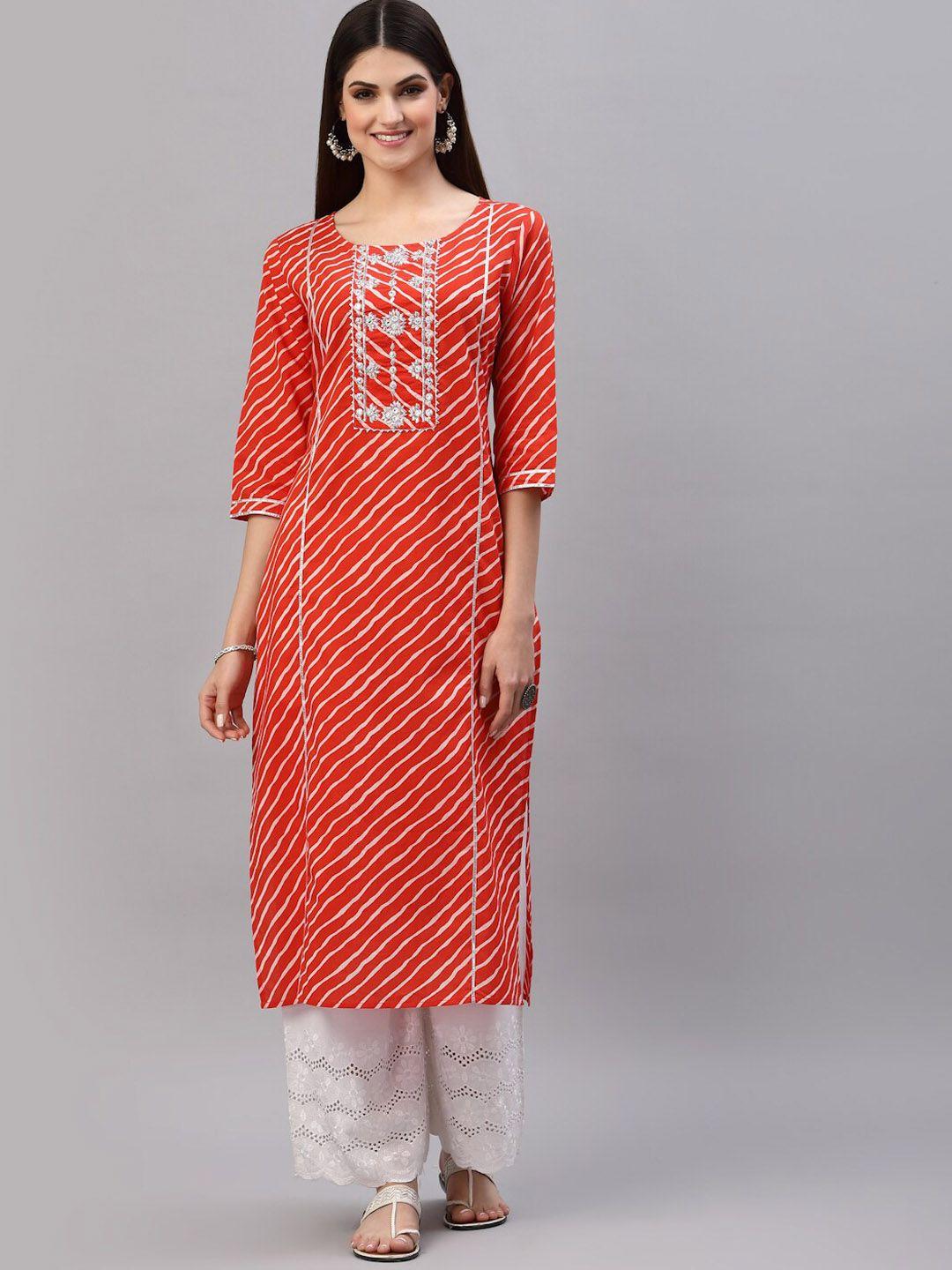 stylum women orange lehariya printed cotton straight kurta