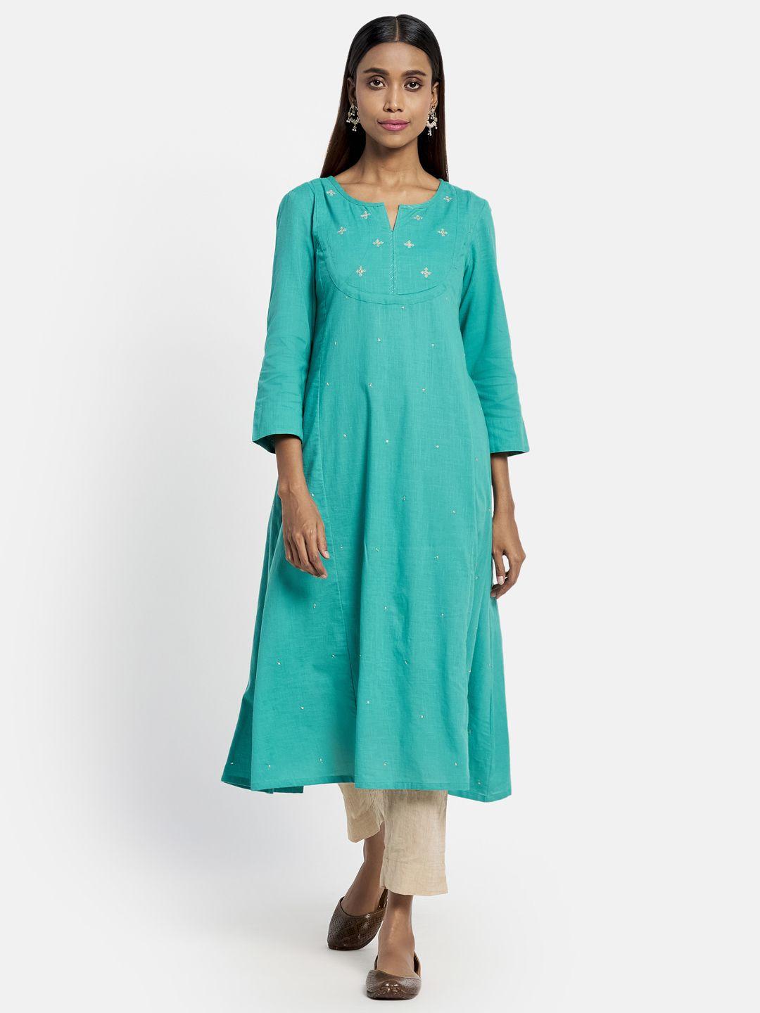 fabindia women turquoise blue & golden slim fit ethnic motifs embroidered kurta