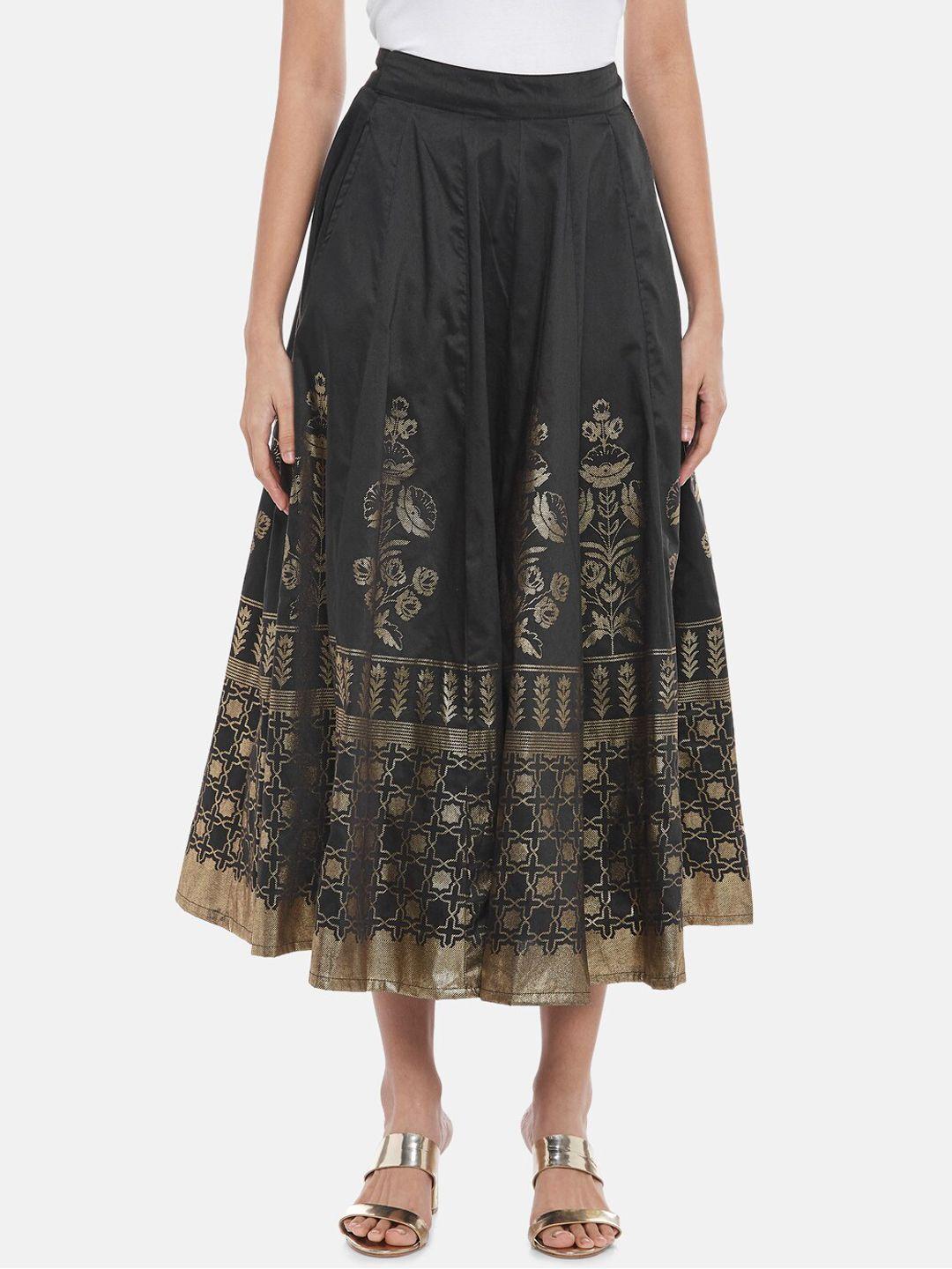 akkriti by pantaloons women black & gold-colored printed fared skirts