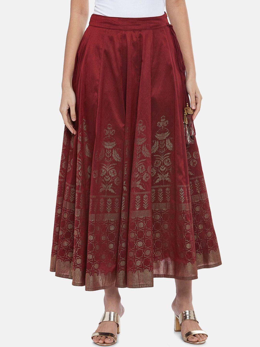 akkriti by pantaloons women maroon printed flared maxi skirt