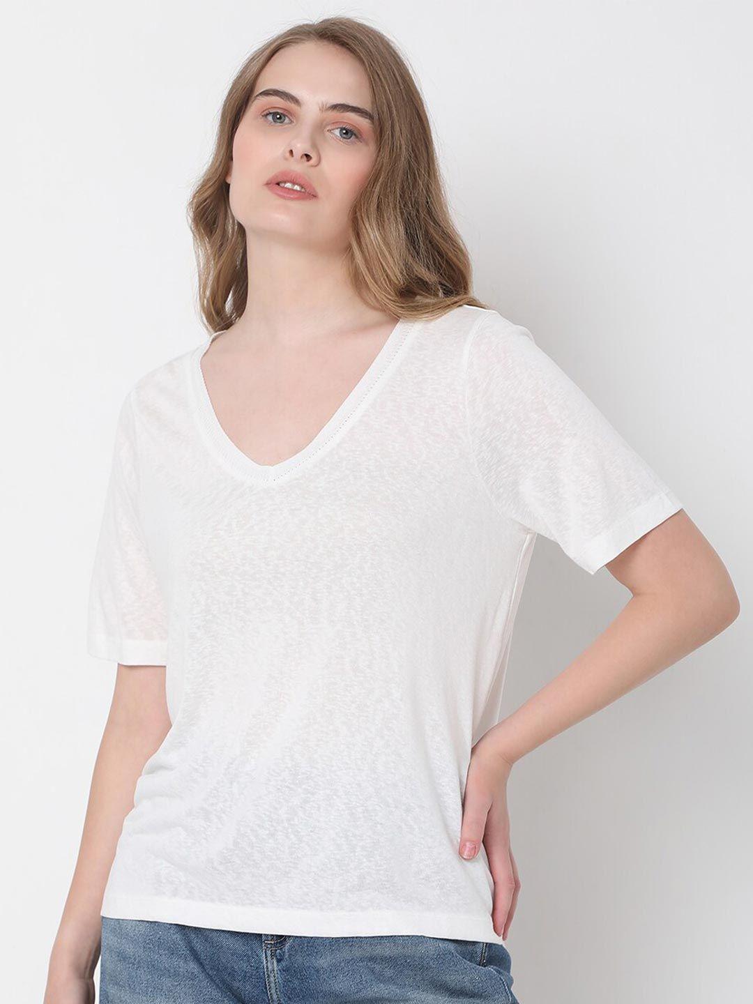 vero moda women white solid v-neck t-shirt