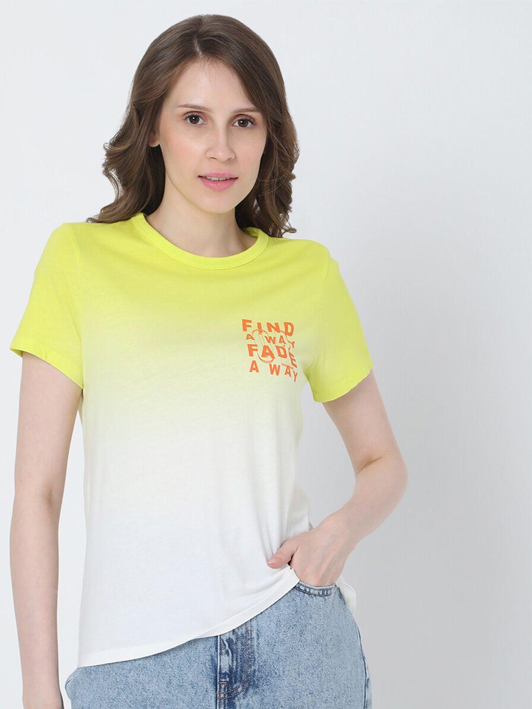 vero moda women white & yellow typography dyed t-shirt