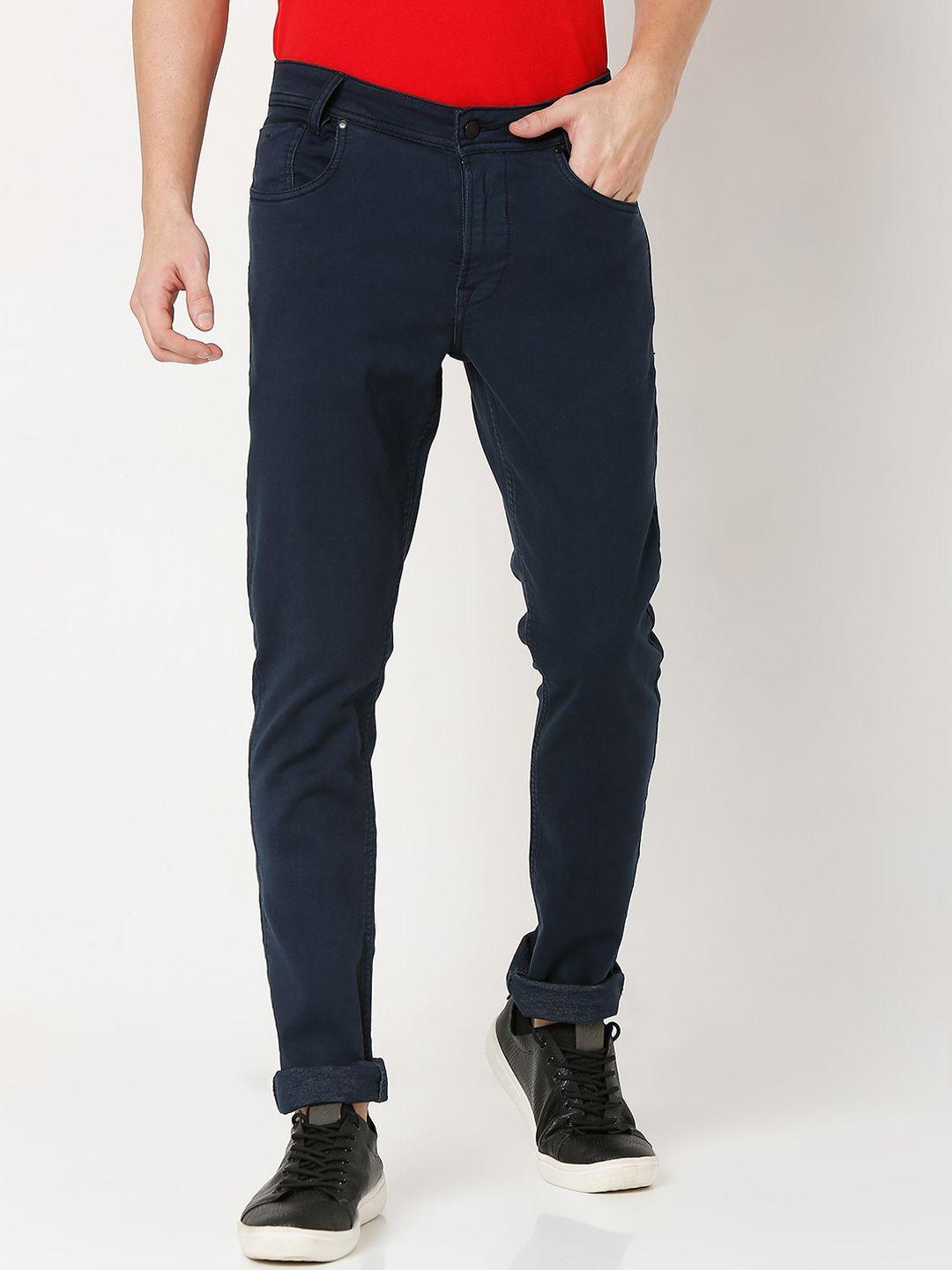 mufti men navy blue skinny fit regular trousers