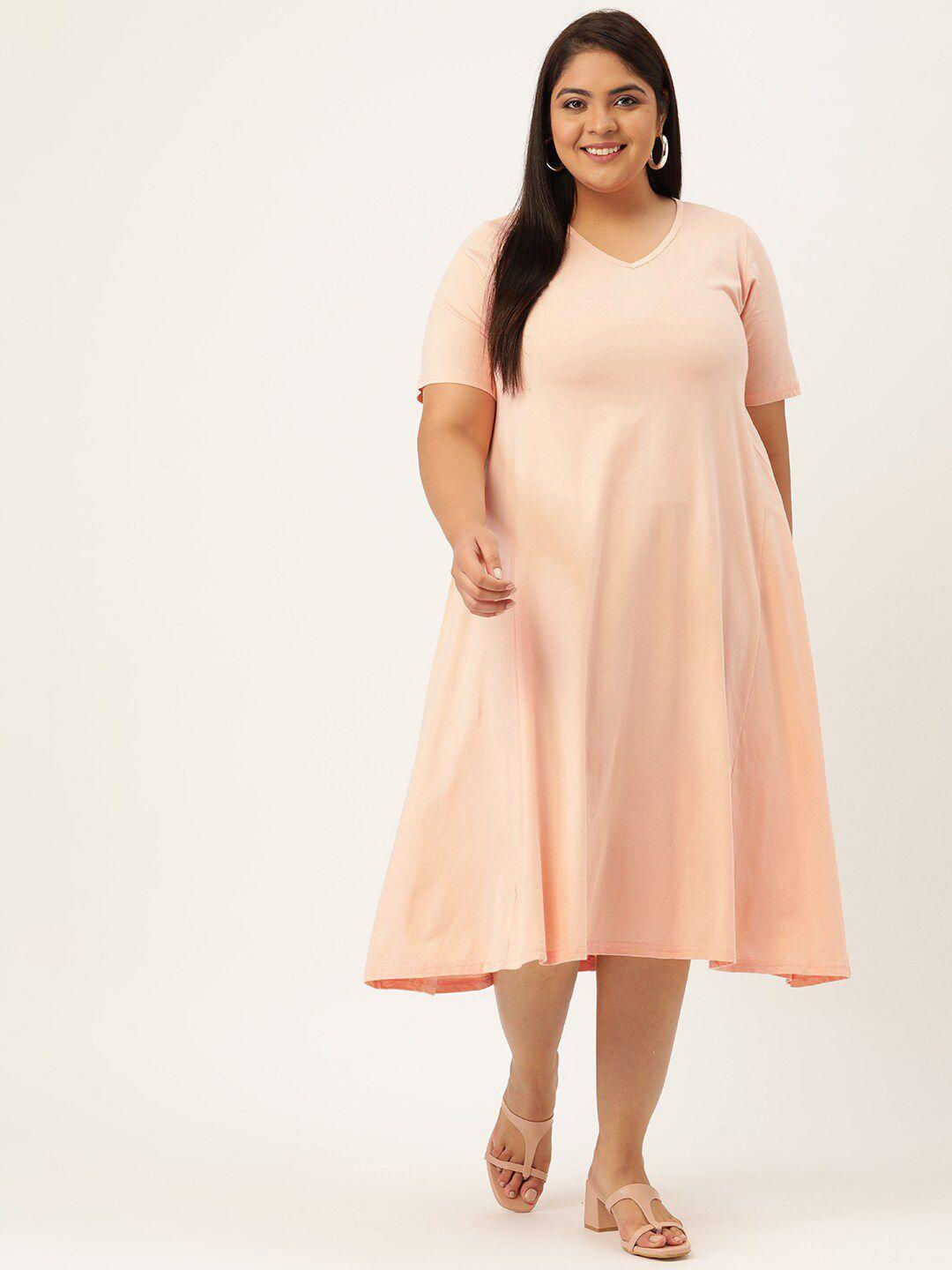 therebelinme plus size peach-coloured pure cotton a-line midi dress