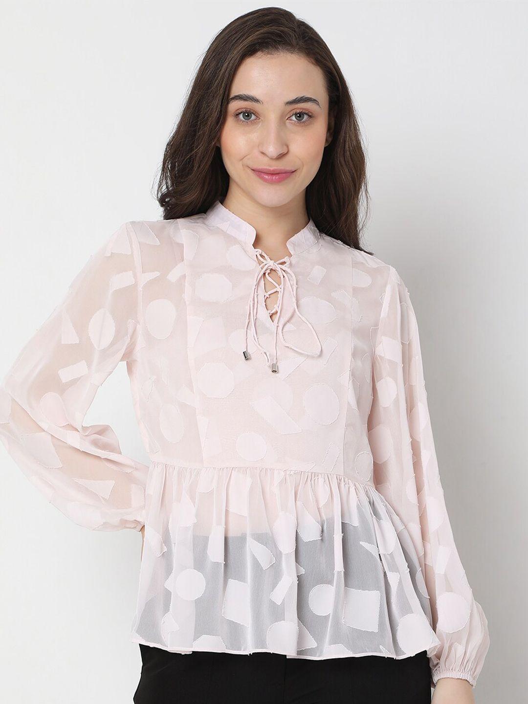 vero moda pink print tie-up neck ruffles peplum top