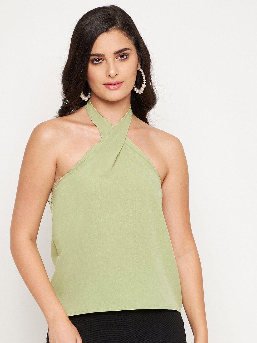 winered light green cross  halter neck crepe top