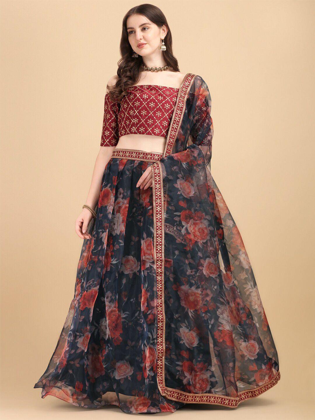 amrutam fab blue & brown printed semi-stitched lehenga & unstitched blouse with dupatta