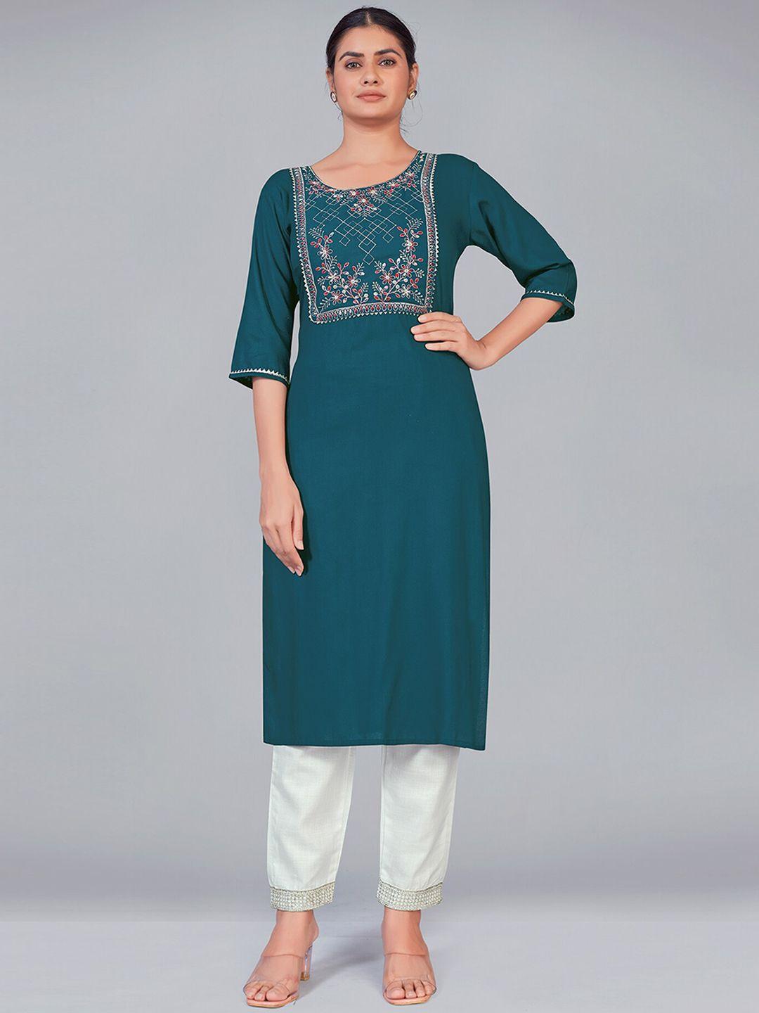 monjolika fashion women teal blue floral yoke design kurta with trousers