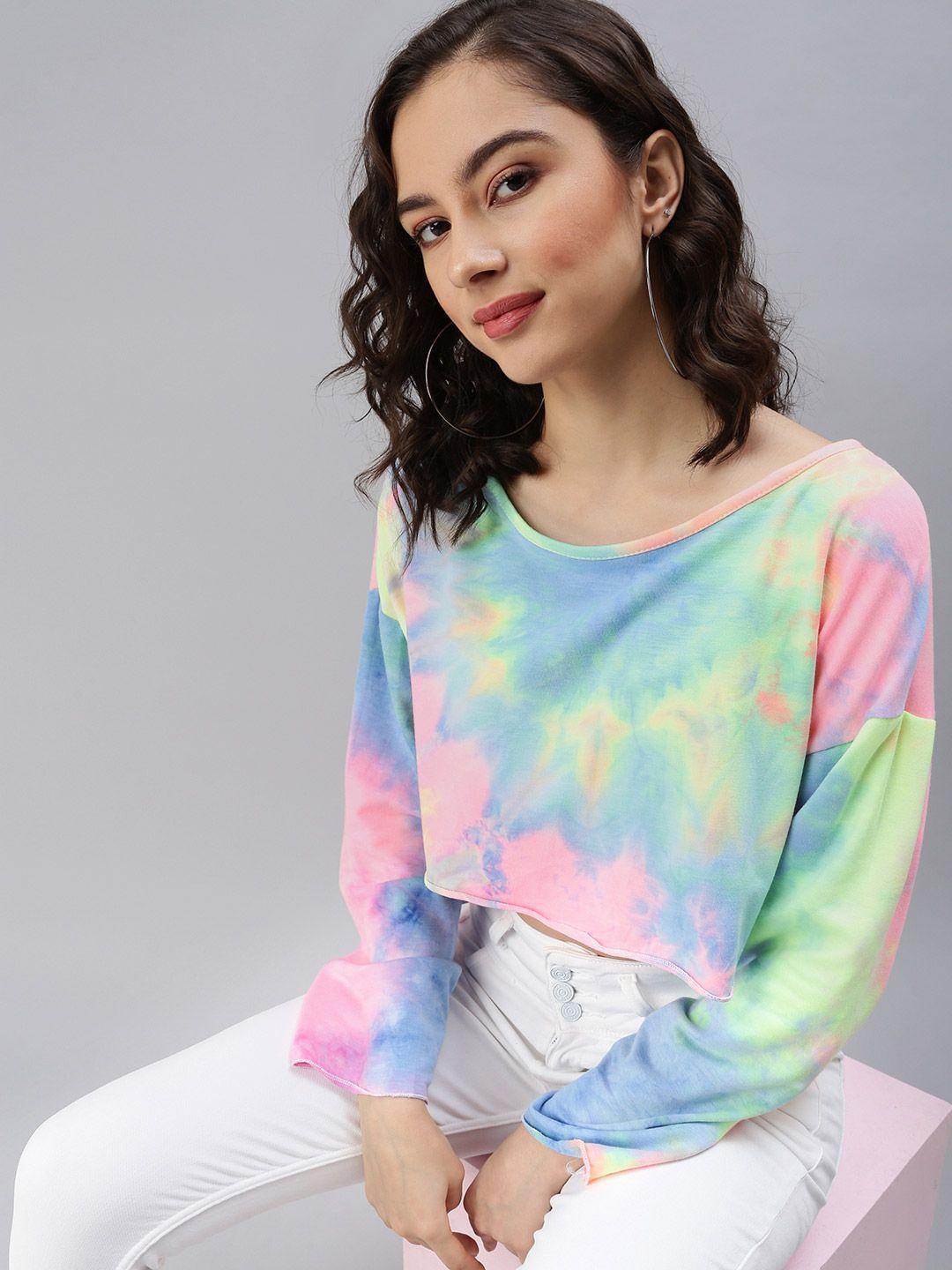 showoff blue & green dyed extended sleeves crop top