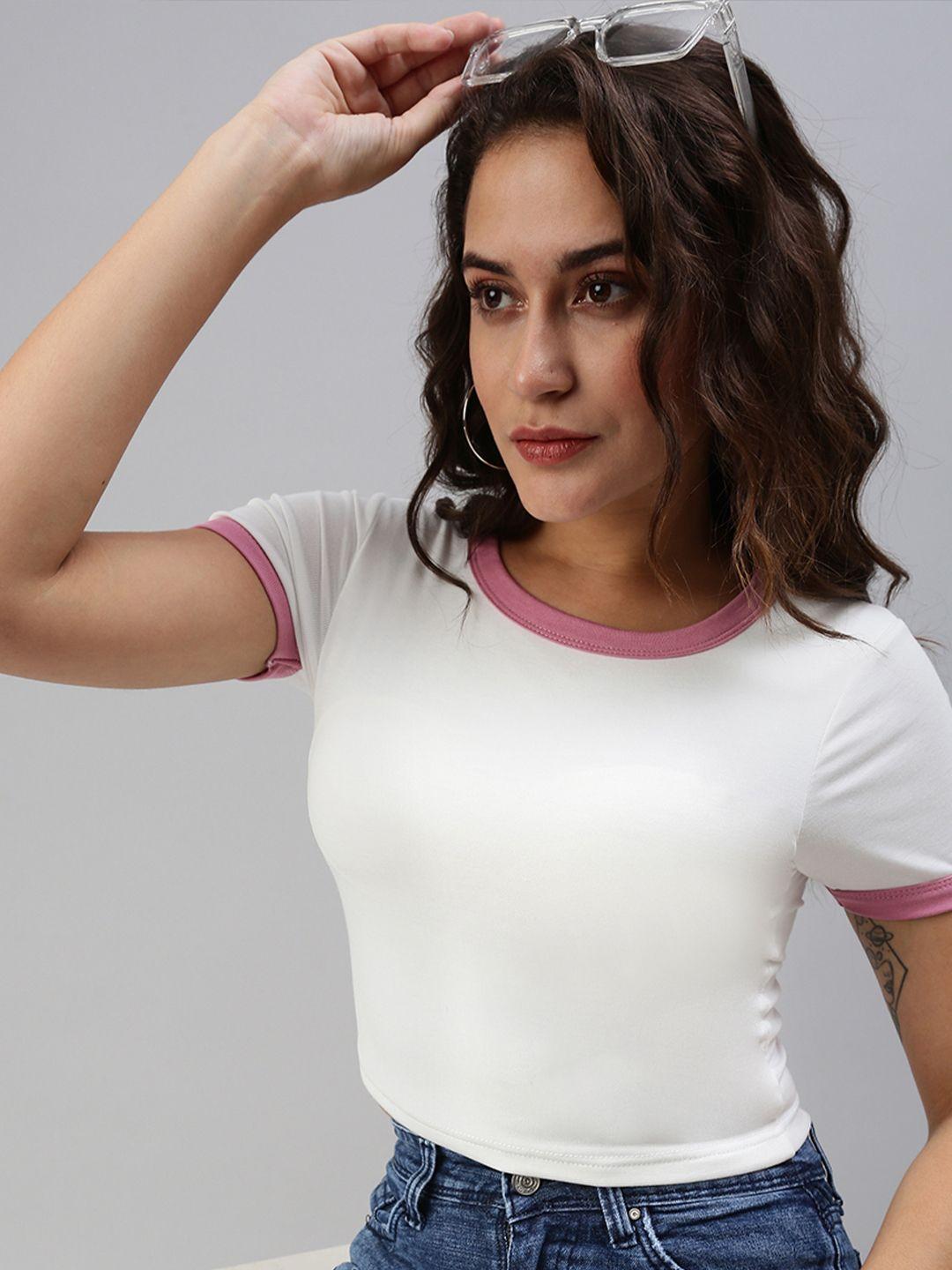 showoff white & pink  round neck crop top