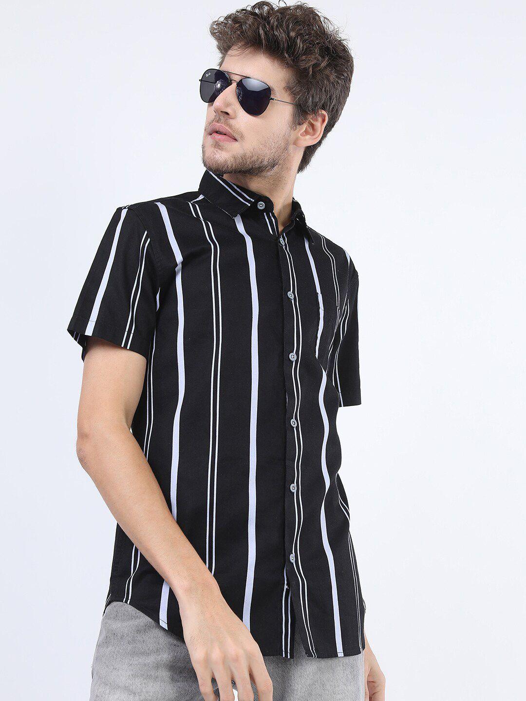 highlander men black slim fit striped casual shirt