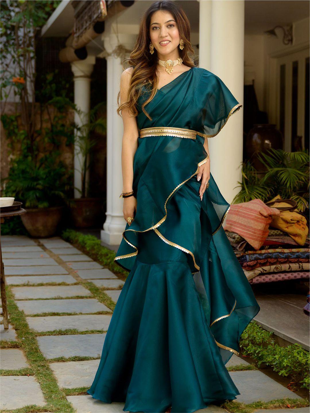 lavanya the label green organza ready to wear saree