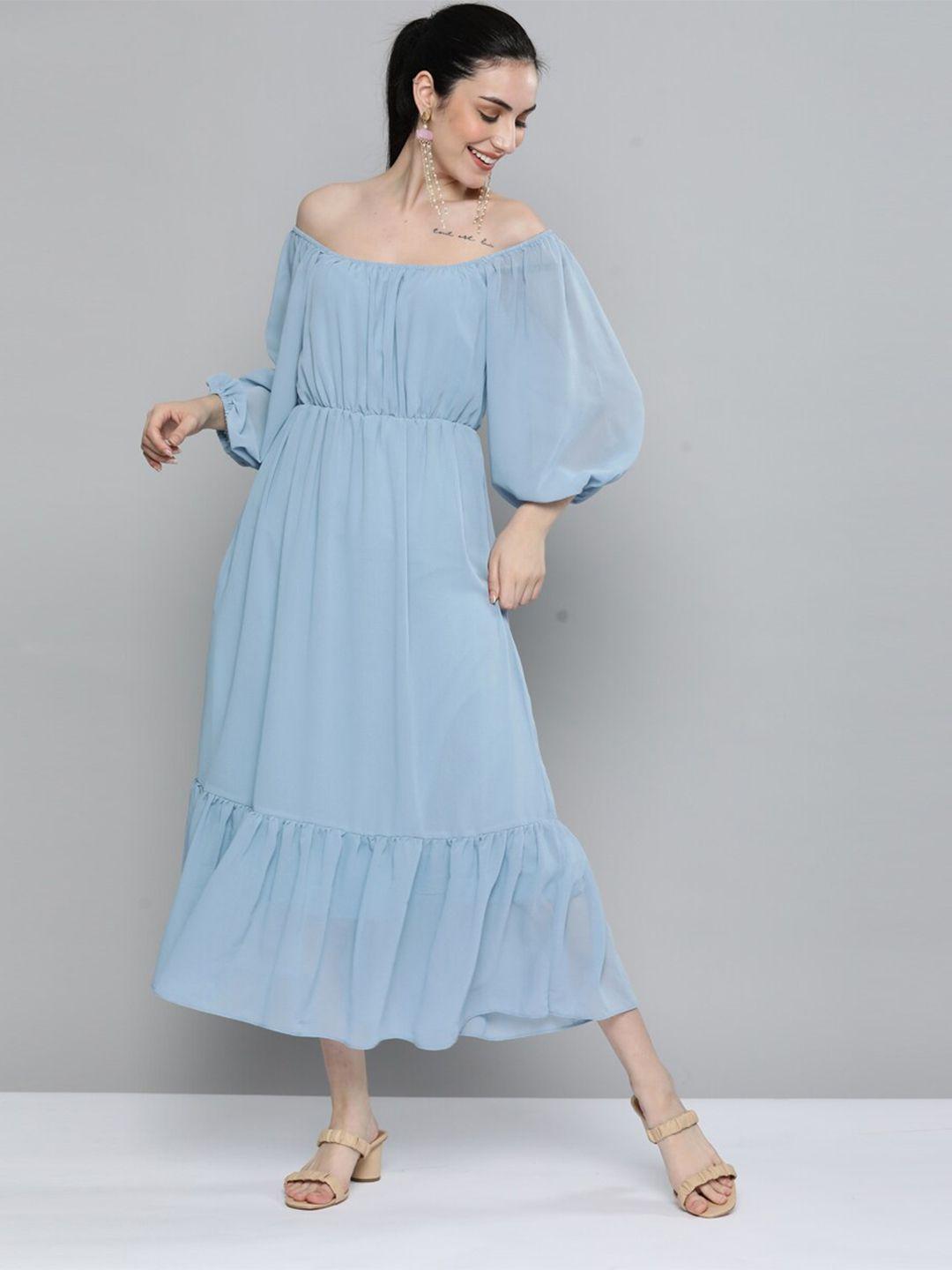 kvsfab women turquoise blue off-shoulder georgette midi dress