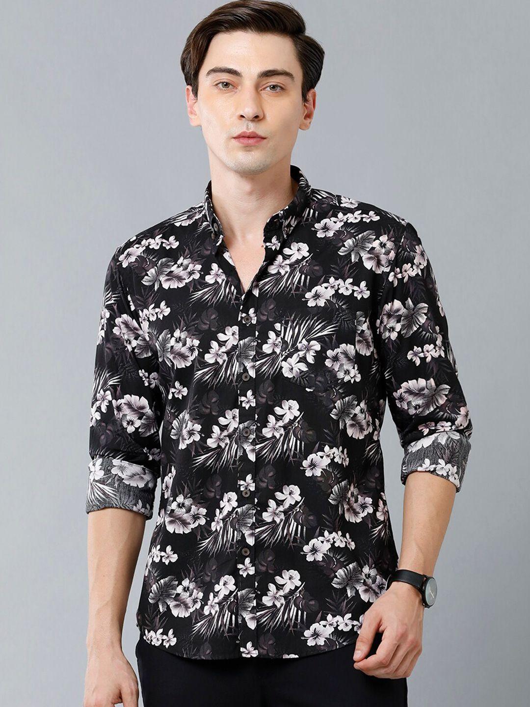 yovish men black smart slim fit floral printed casual shirt