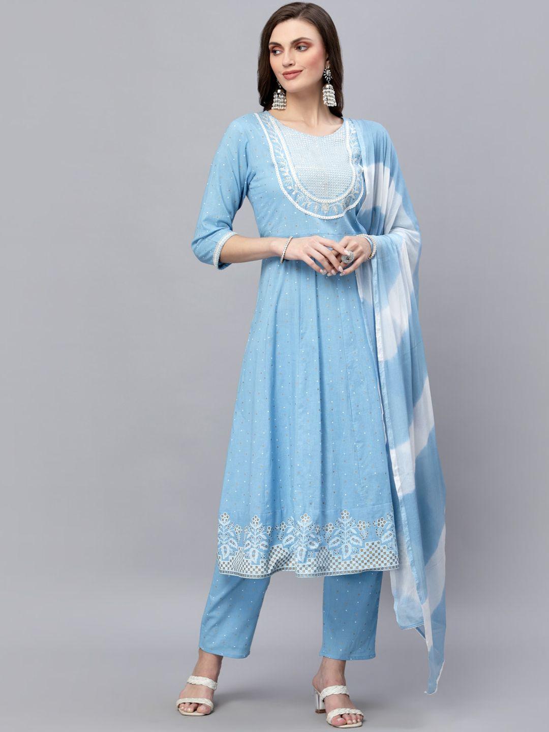 stylum women blue embroidered panelled thread work pure cotton kurta with trousers & with dupatta