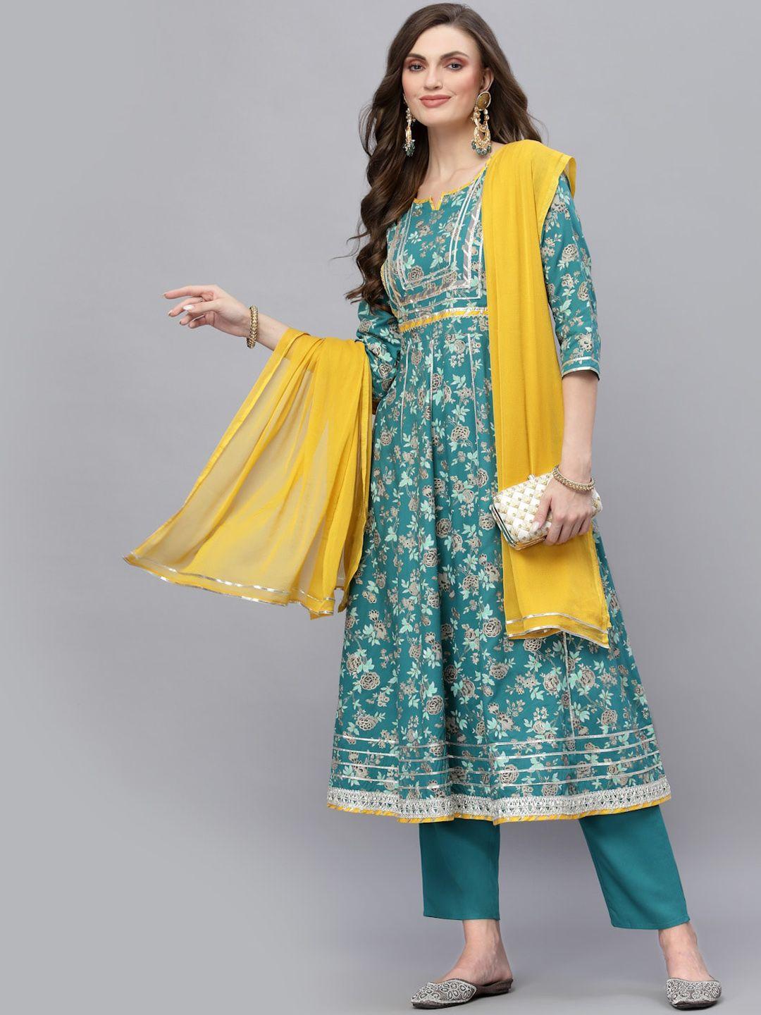 stylum women sea green floral printed gotta patti kurta with trousers & with dupatta