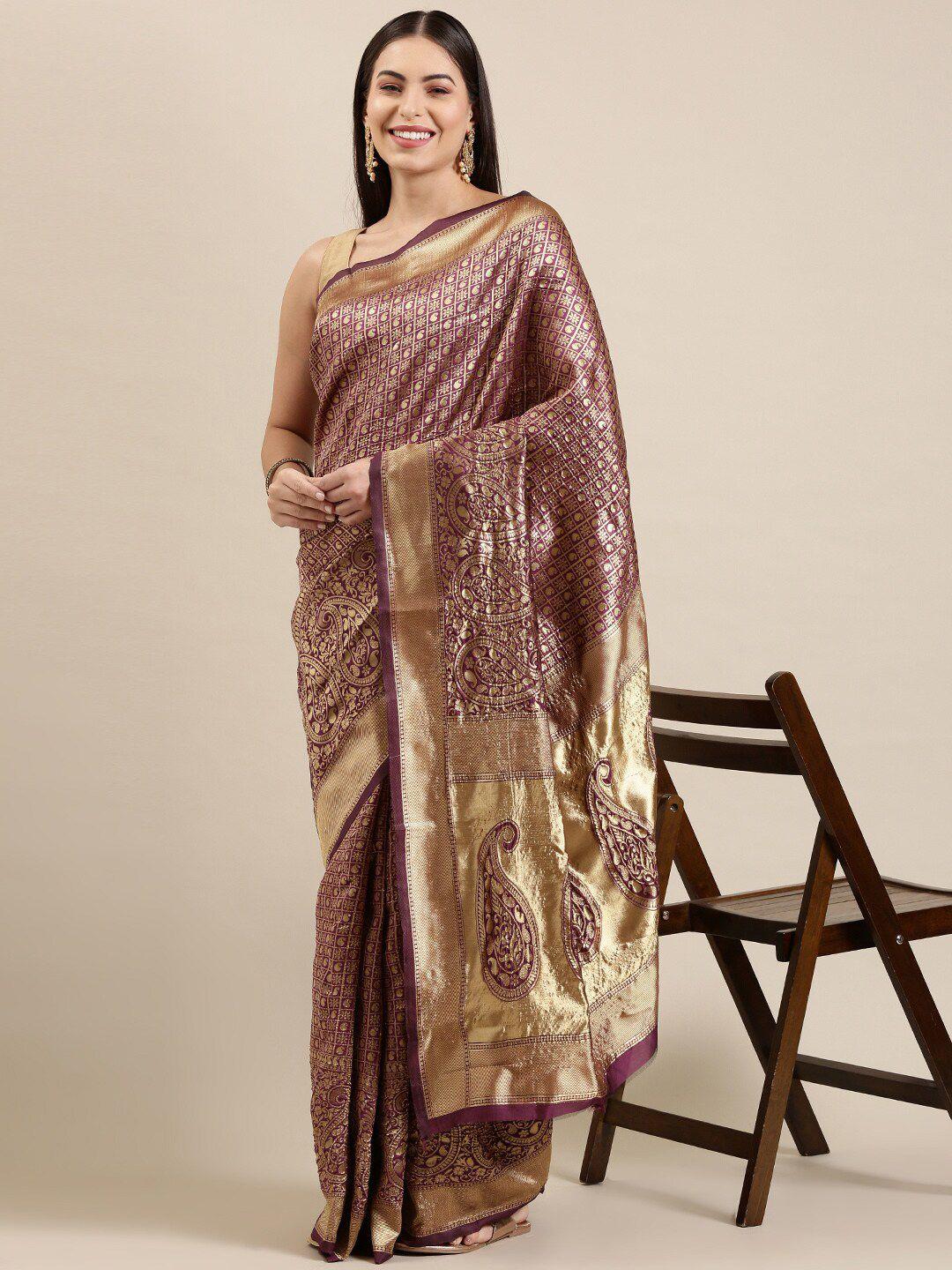 the chennai silks purple & gold-toned paisley zari silk blend patola saree