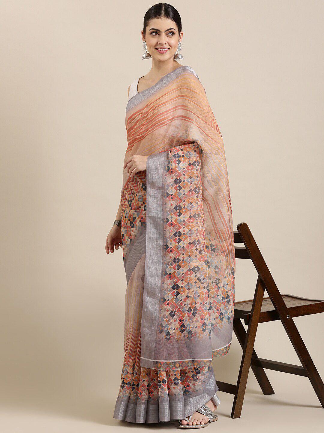 the chennai silks peach-coloured & orange zari linen blend fusion saree