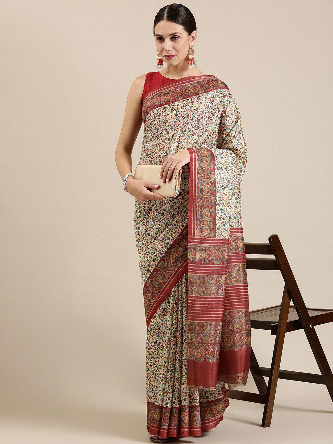 the chennai silks cream-coloured & red floral linen blend saree