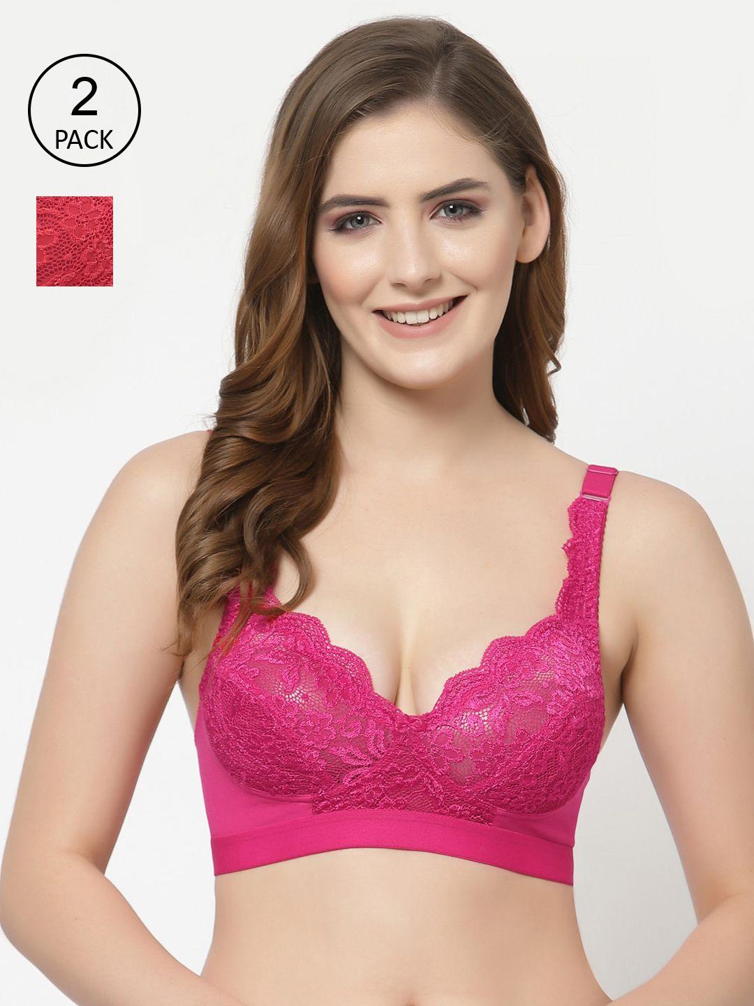 floret women magenta & red floral non-wired non-padded lace bra