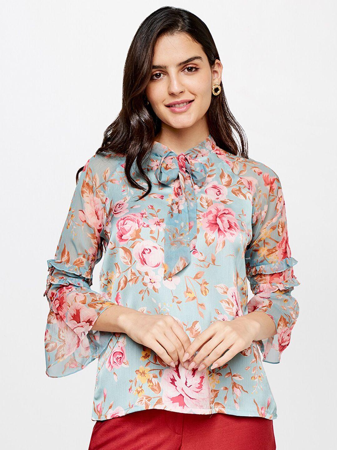 and women blue & red floral print tie-up neck top