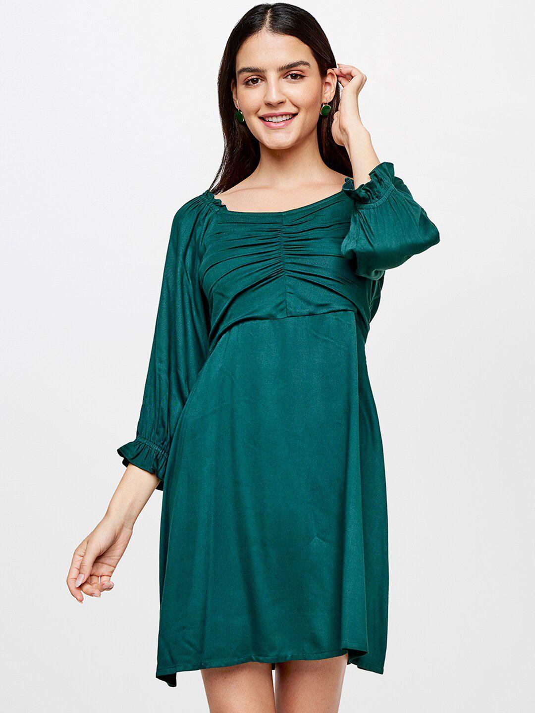 and women teal flared blouson dress