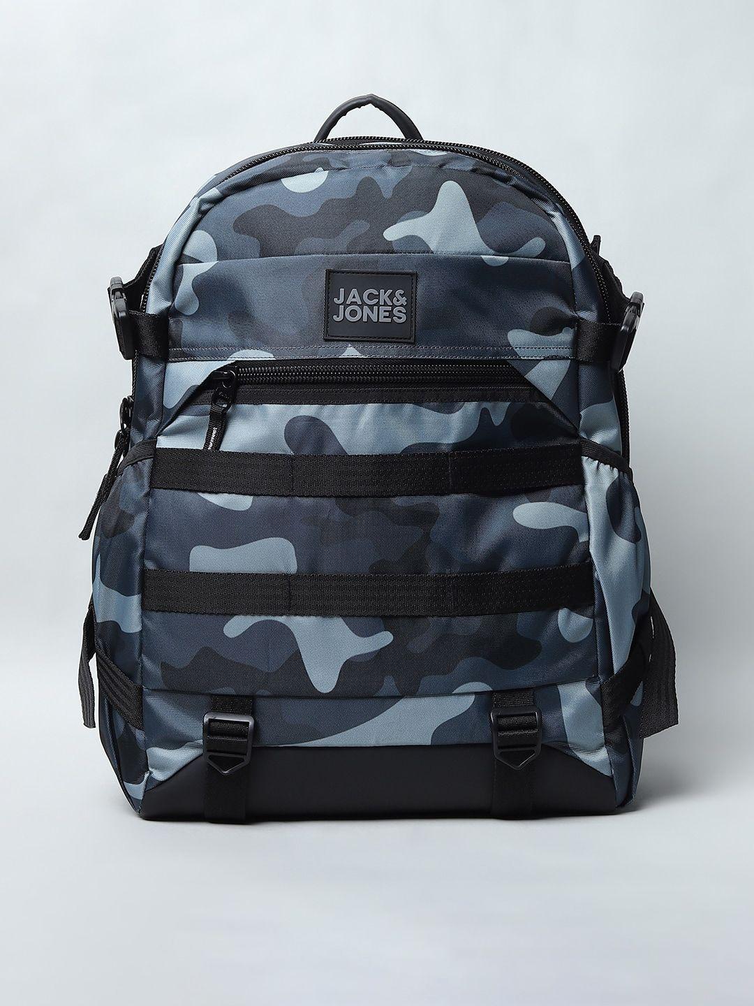 jack & jones men grey & black camouflage printed backpack