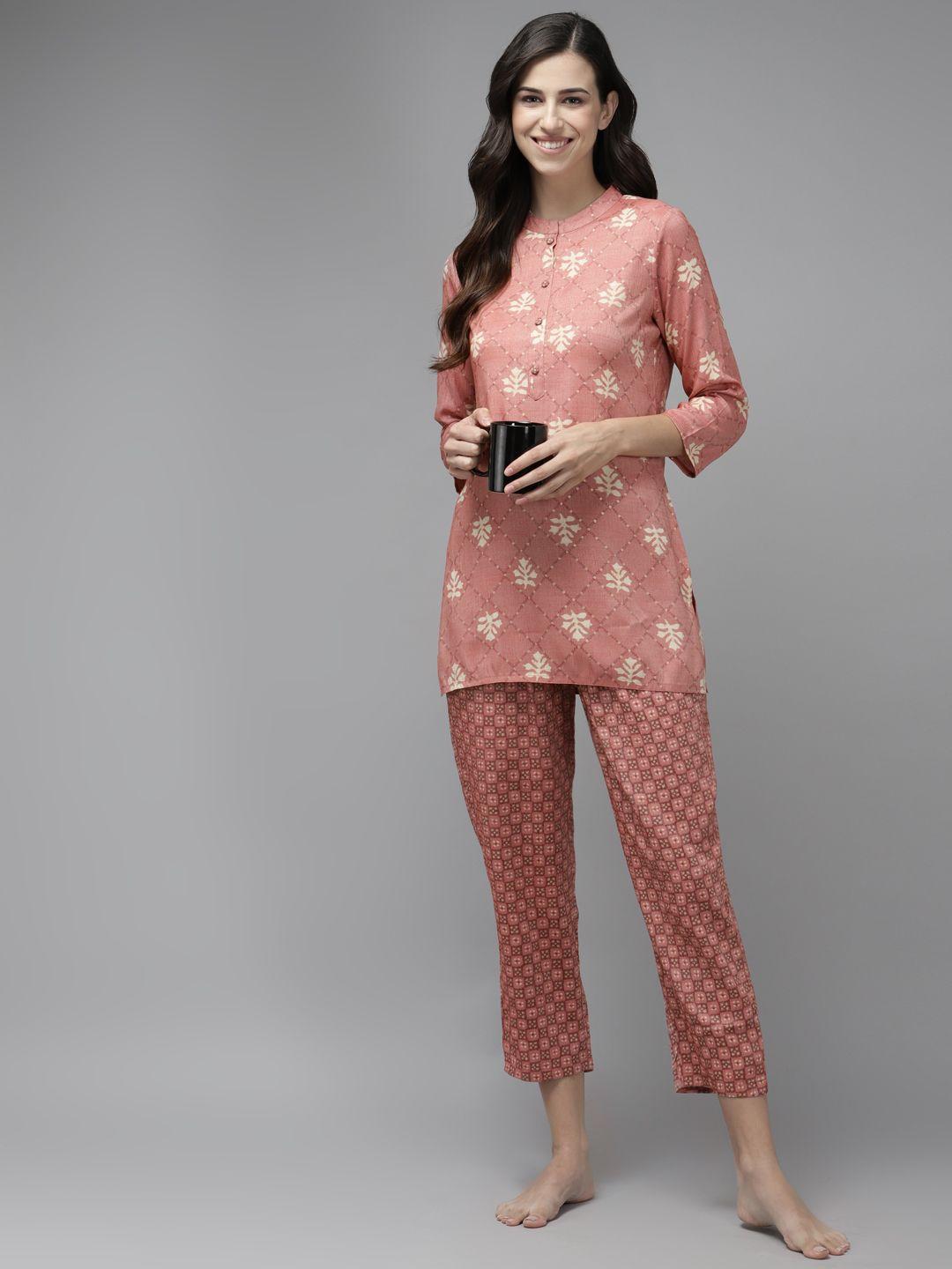 prakrti women dusty rose pink printed pyjama set