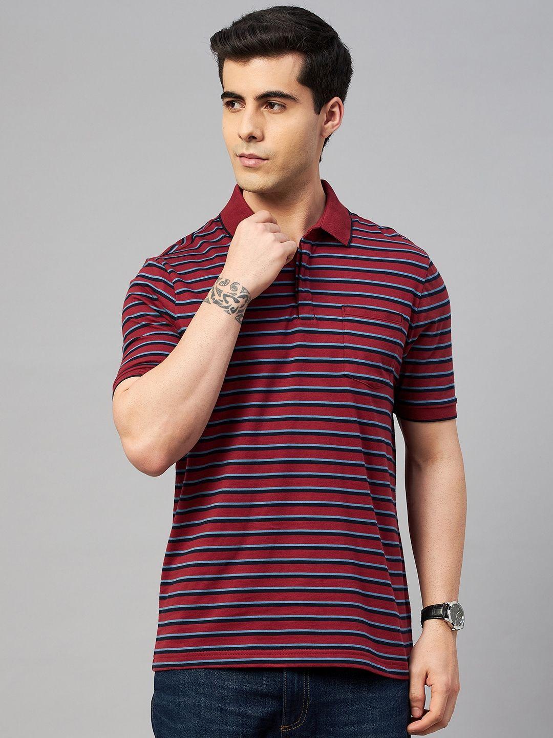 marks & spencer men maroon & blue striped polo collar pure cotton t-shirt