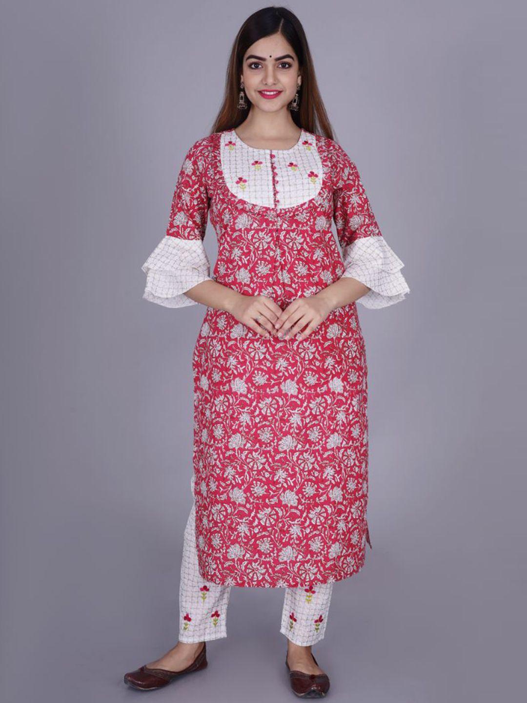 lovista women pink floral pure cotton kurta with trousers pant