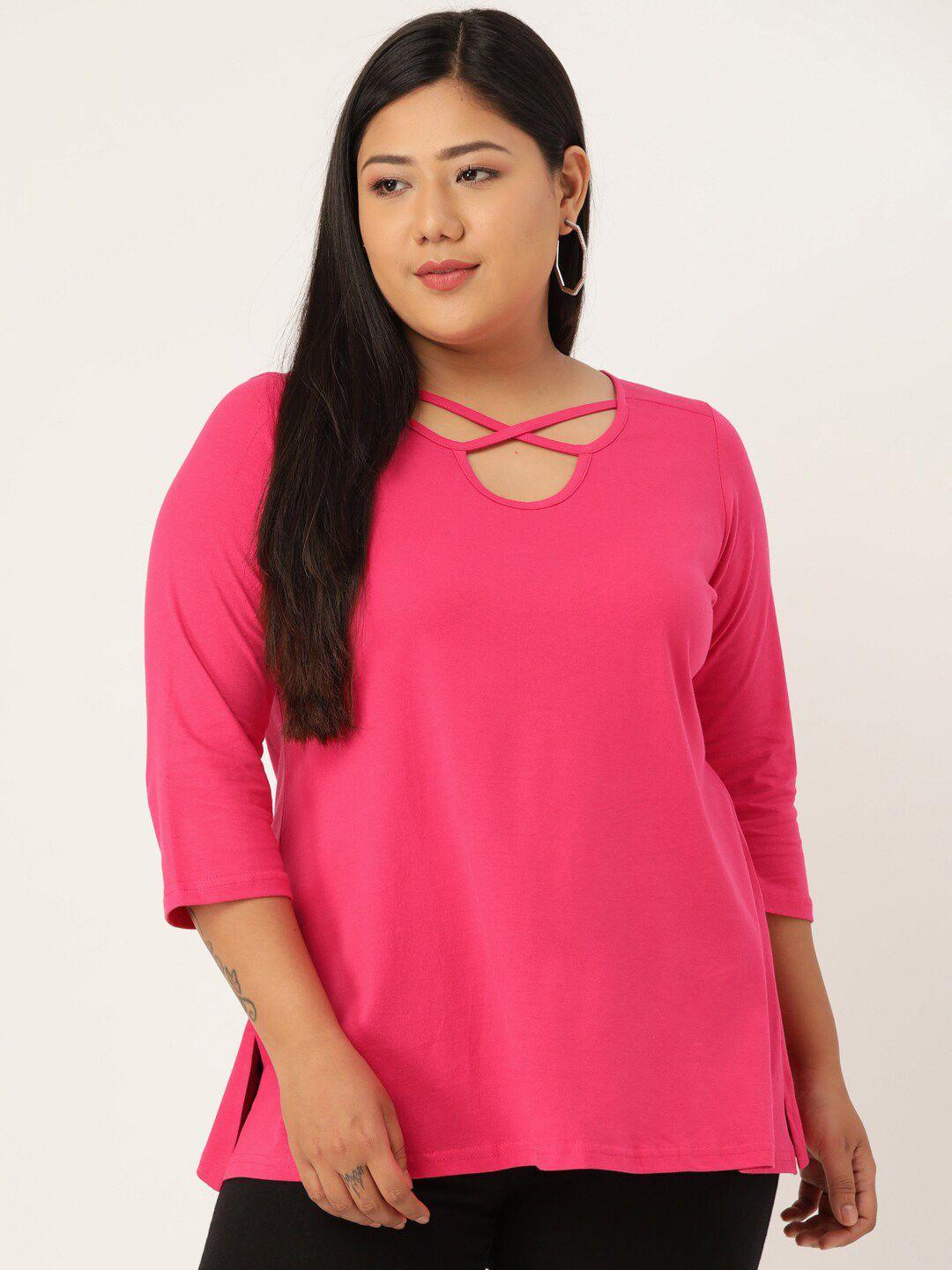 therebelinme plus size fuchsia solid cut out pure cotton regular top