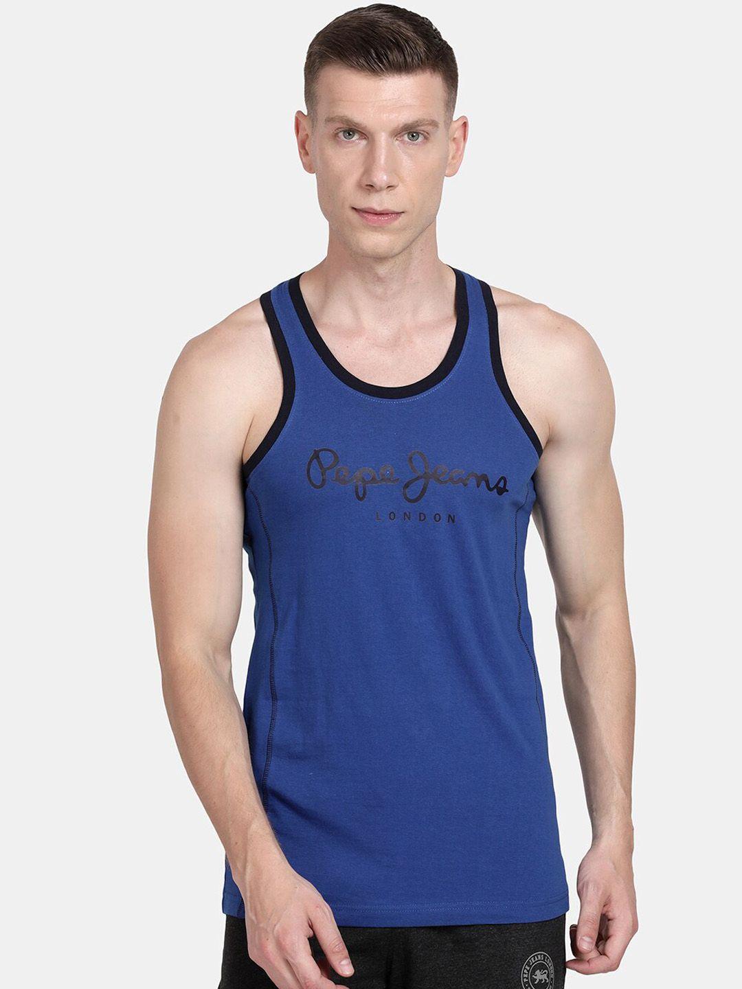 pepe jeans men blue solid pure cotton innerwear vest