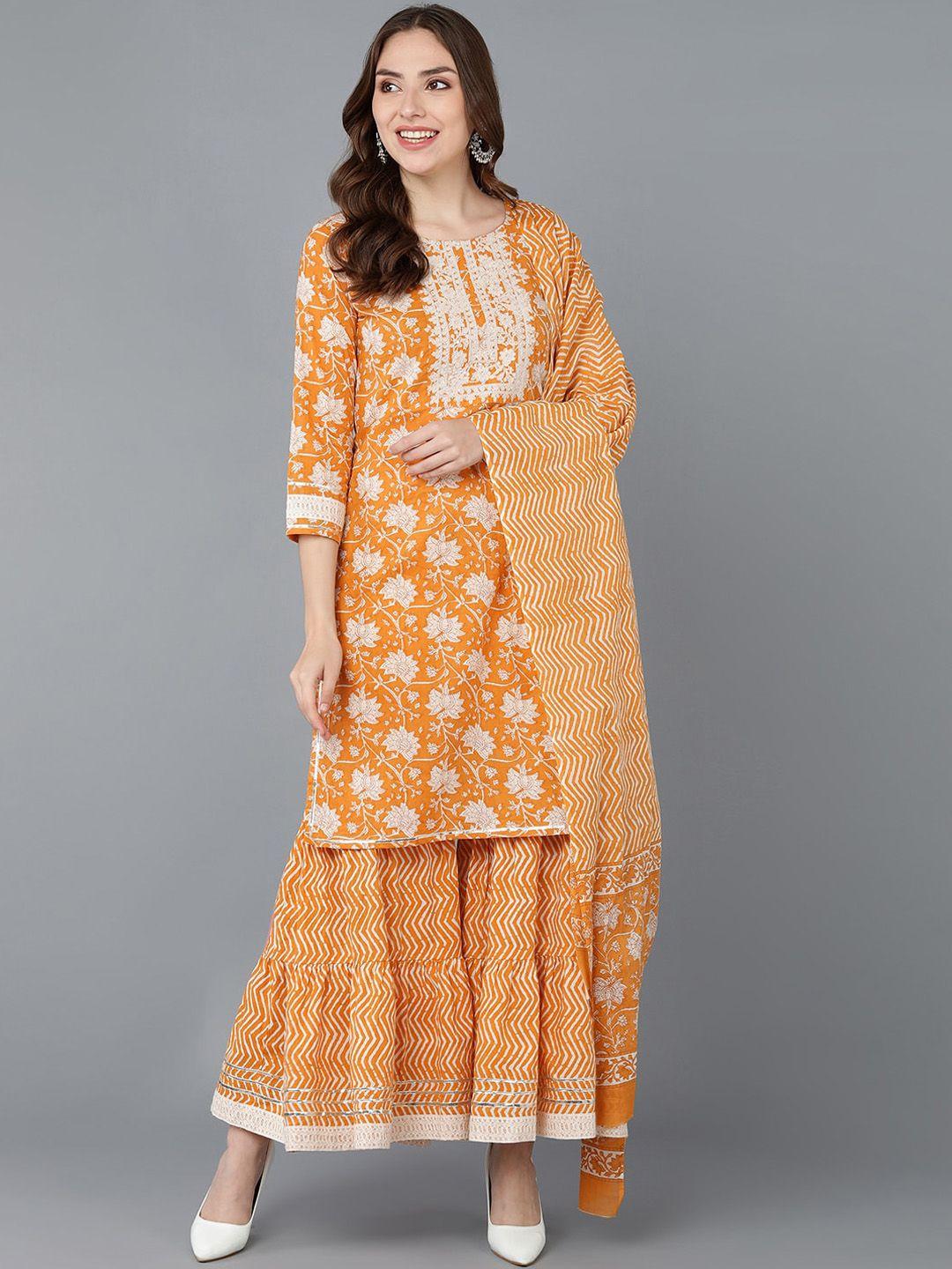 ahika women orange ethnic motifs printed pure cotton kurta set with dupatta