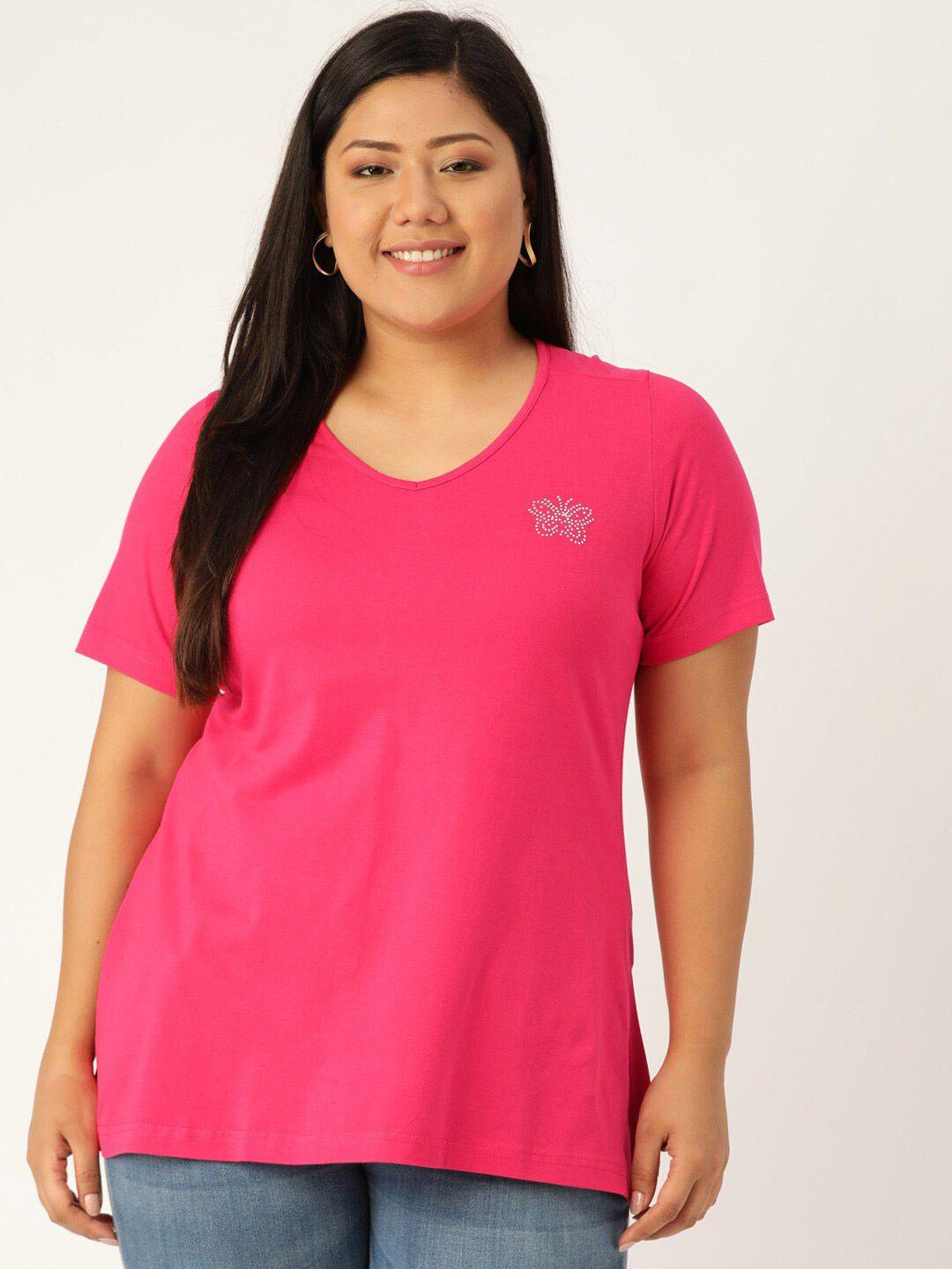 therebelinme plus size fuchsia solid color v-neck cotton t-shirt