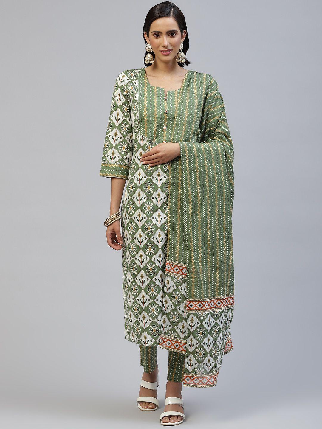 piroh women green & white yoke design printed pure cotton kurta with trousers & dupatta