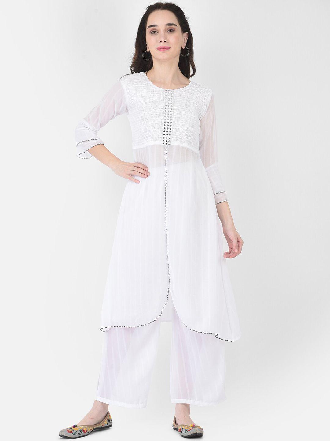 fnocks women white striped high slit mirror work kurta with trousers