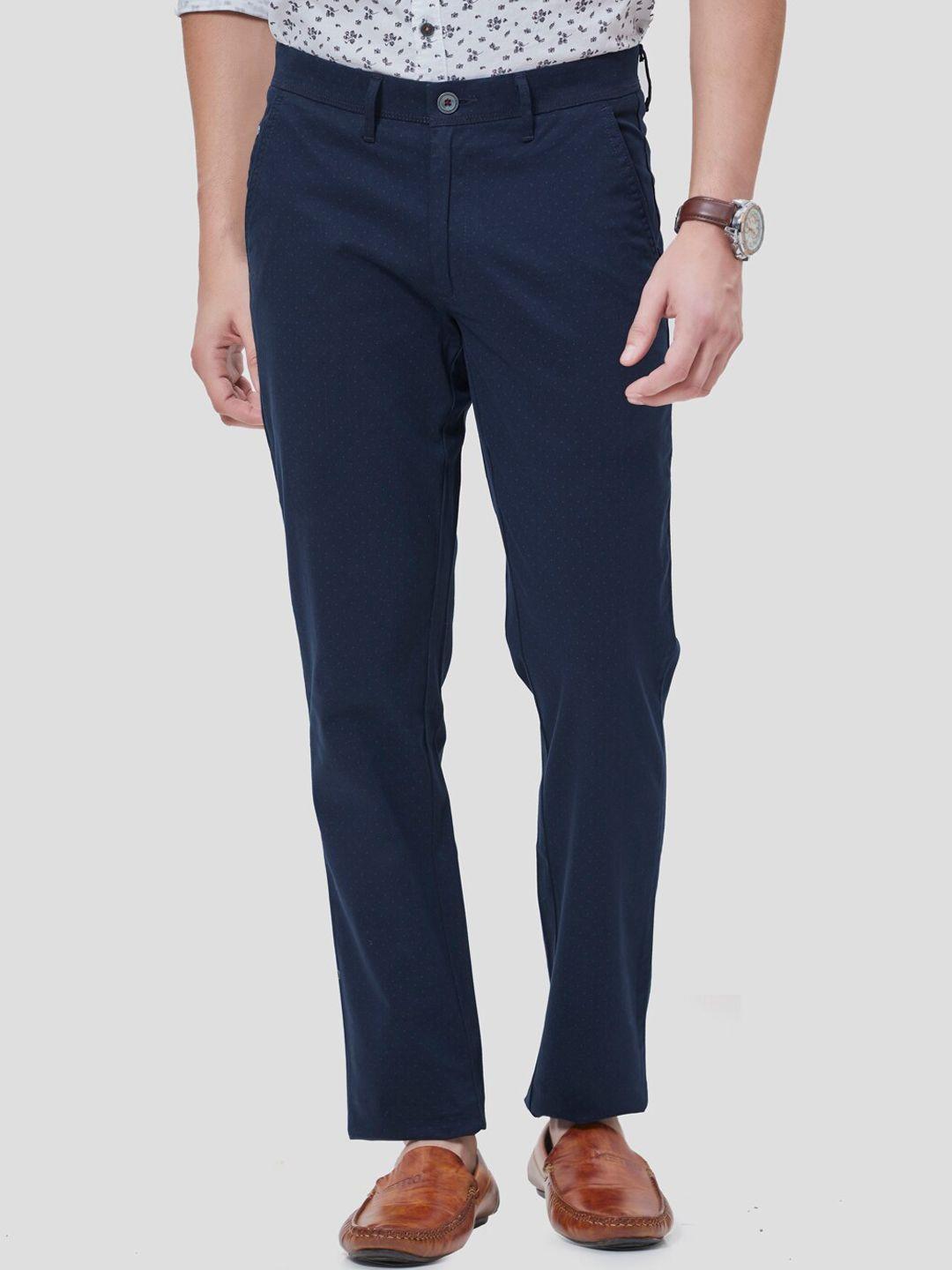 oxemberg men navy blue printed smart slim fit trousers