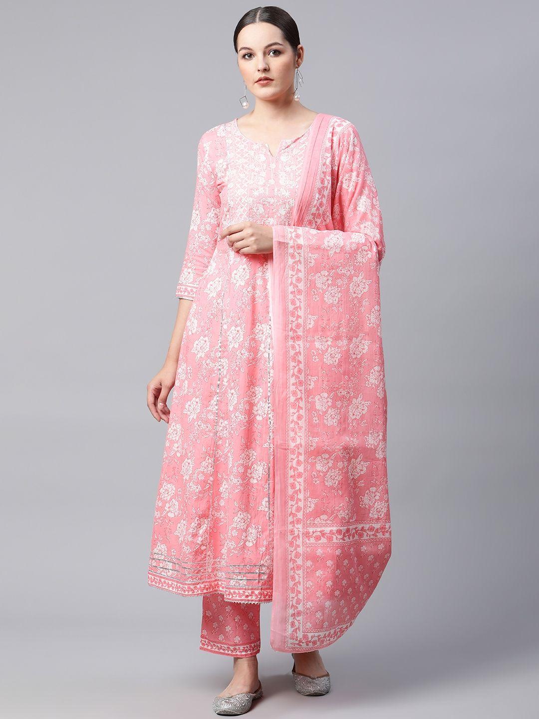 meera fab women pink floral printed gotta patti pure cotton kurta with trousers & dupatta