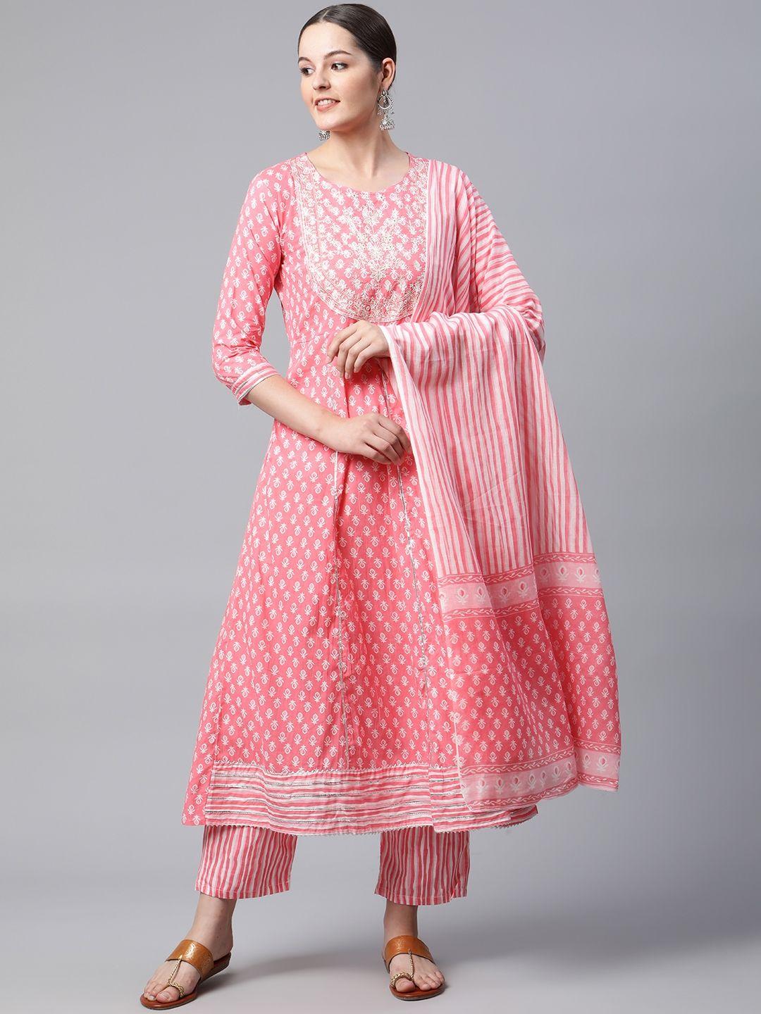 meera fab women pink ethnic motifs printed gotta patti cotton kurta trousers & dupatta