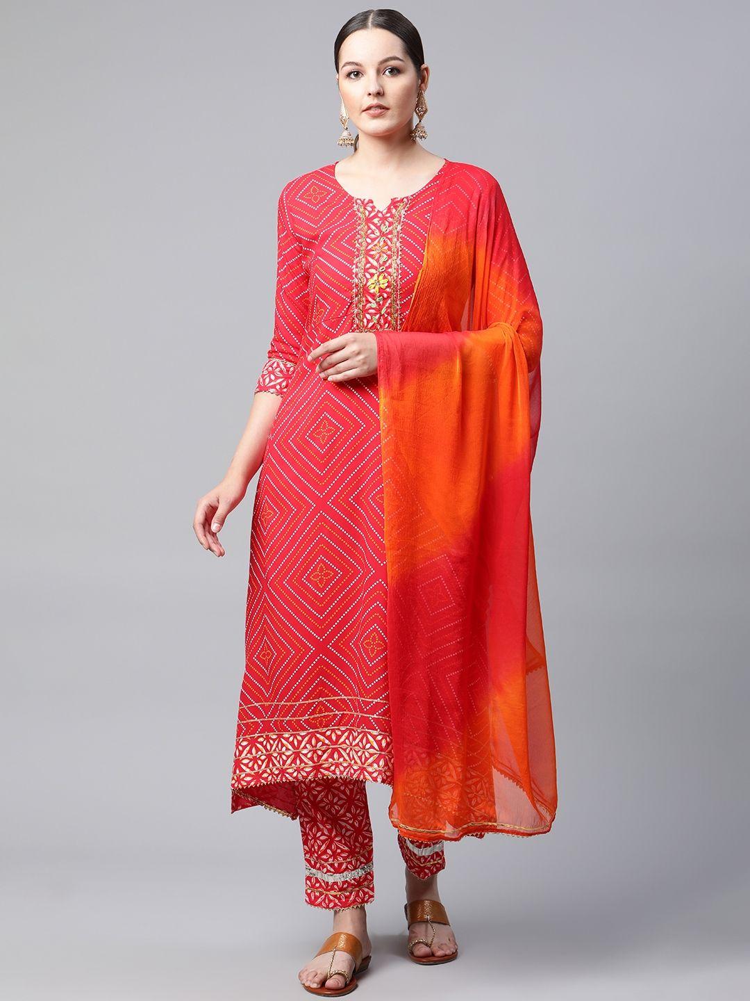 meera fab women red printed beads detail kurta with trousers & dupatta