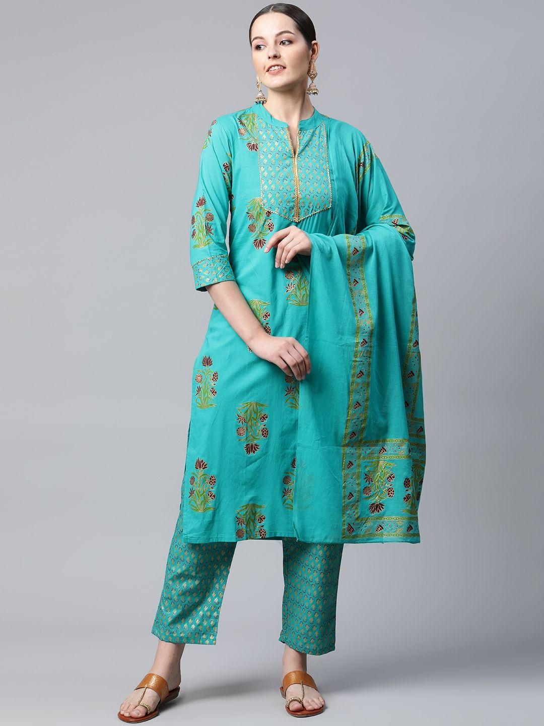 meera fab women sea green ethnic motifs printed pure cotton kurta with trousers & dupatta