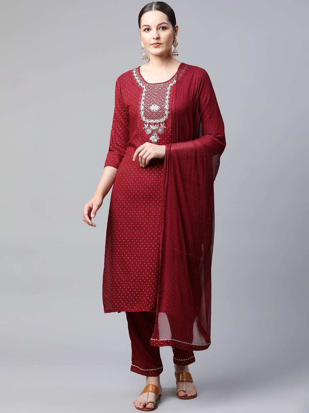 meera fab women maroon printed embroidered detail kurta with palazzos & dupatta