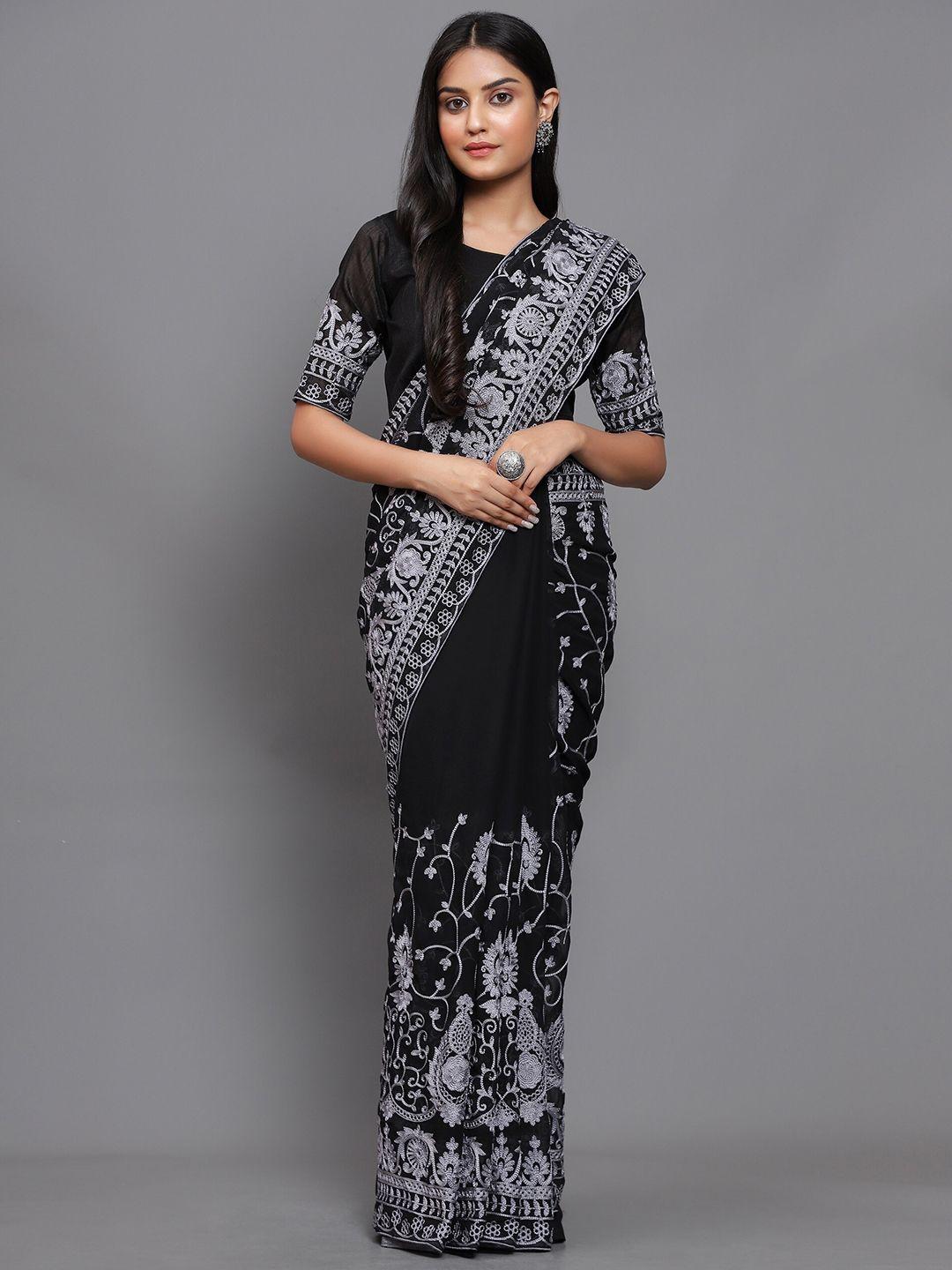 3buddy fashion black & silver-toned floral embroidered venkatgiri saree