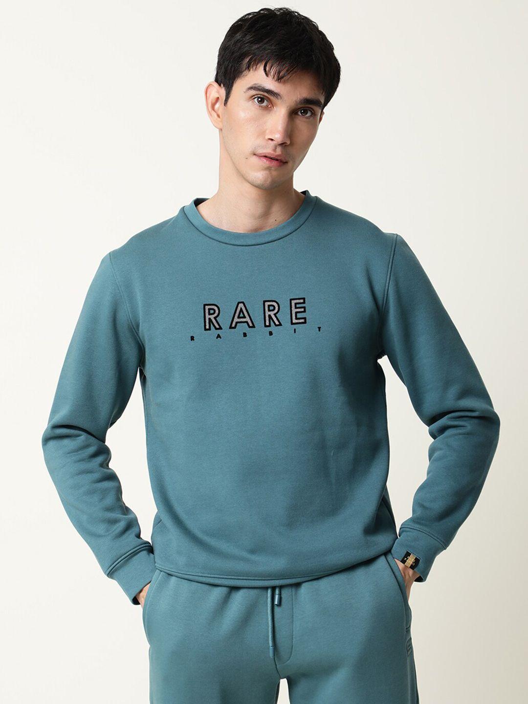 rare rabbit men teal printed round neck sweatshirt