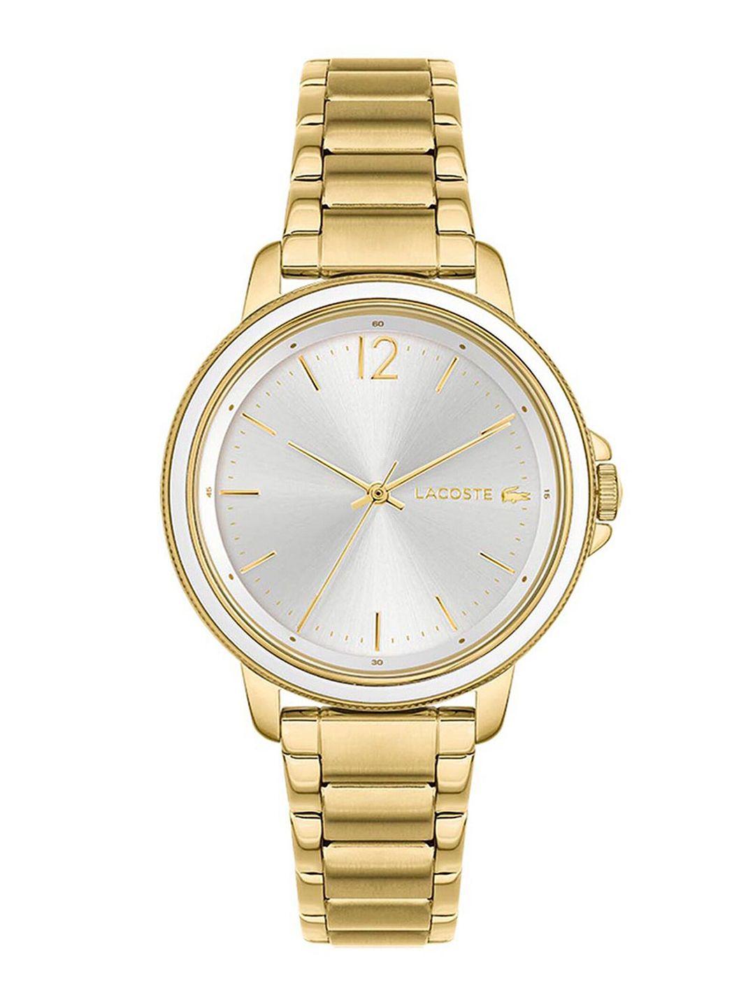 lacoste women silver-toned brass dial & gold toned stainless steel bracelet style straps analogue watch