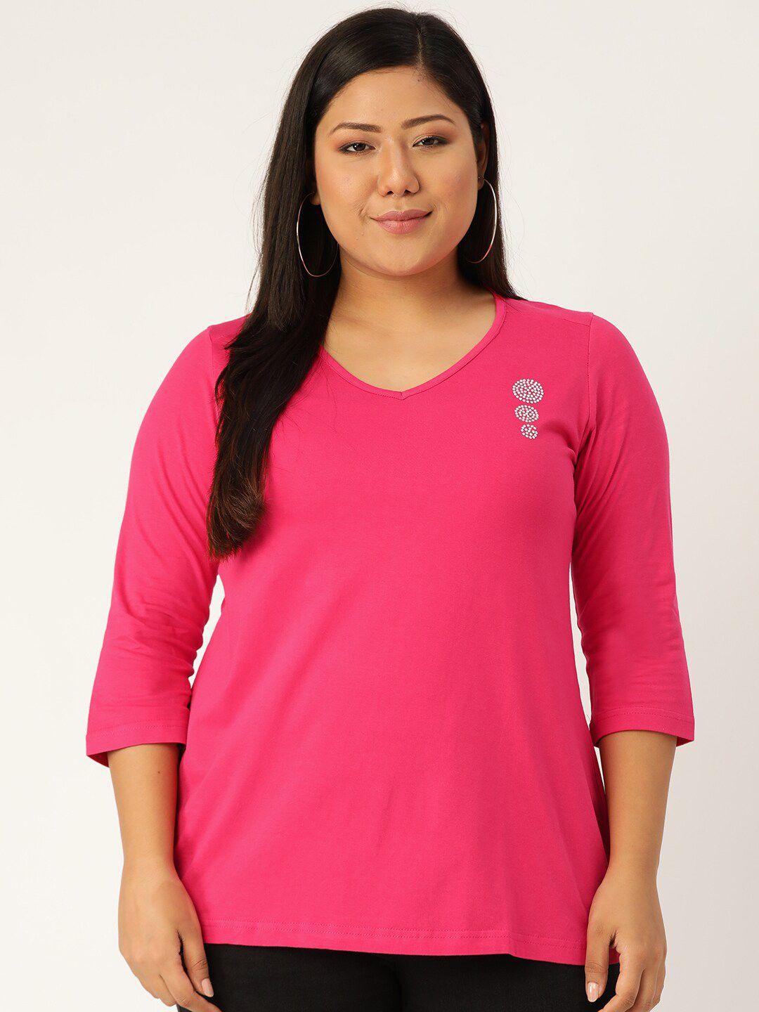 therebelinme plus size women's fuchsia solid color v-neck cotton t-shirt