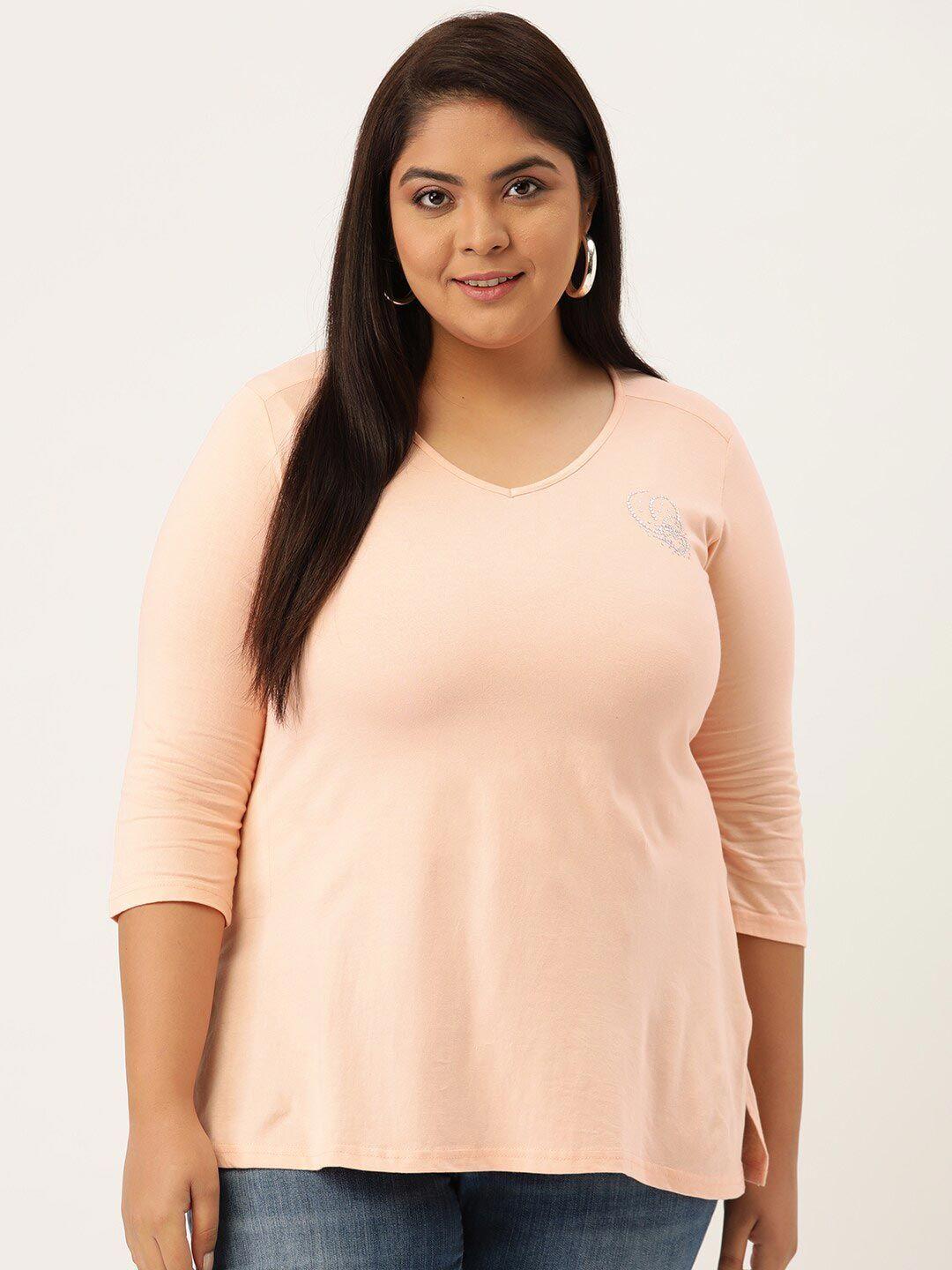 therebelinme women plus size peach-coloured v-neck t-shirt