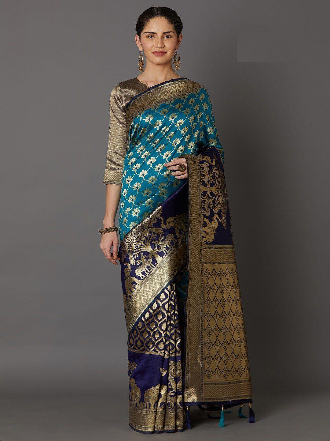 mitera turquoise blue & navy blue zari silk blend bhagalpuri saree